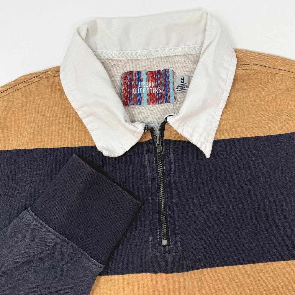 Urban Outfitters Mens Medium Rugby Shirt Navy Blue Mustard Yellow Quarter Zip